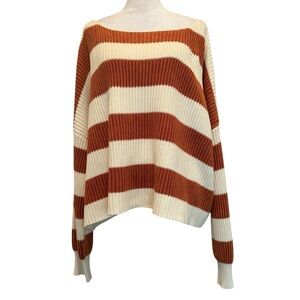 By Together Sweater Size M Cream Orange Striped Long Sleeve Cotton Oversized